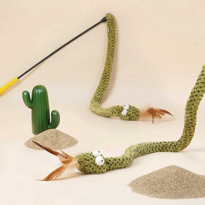 Green cat teasing stick with feather attachment measuring 140cm long