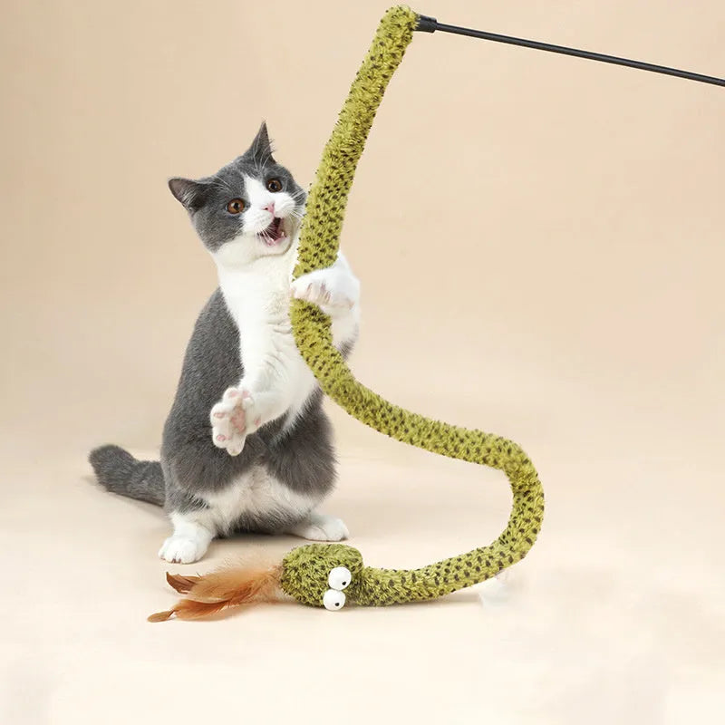 Green cat teasing stick with feather attachment measuring 140cm long