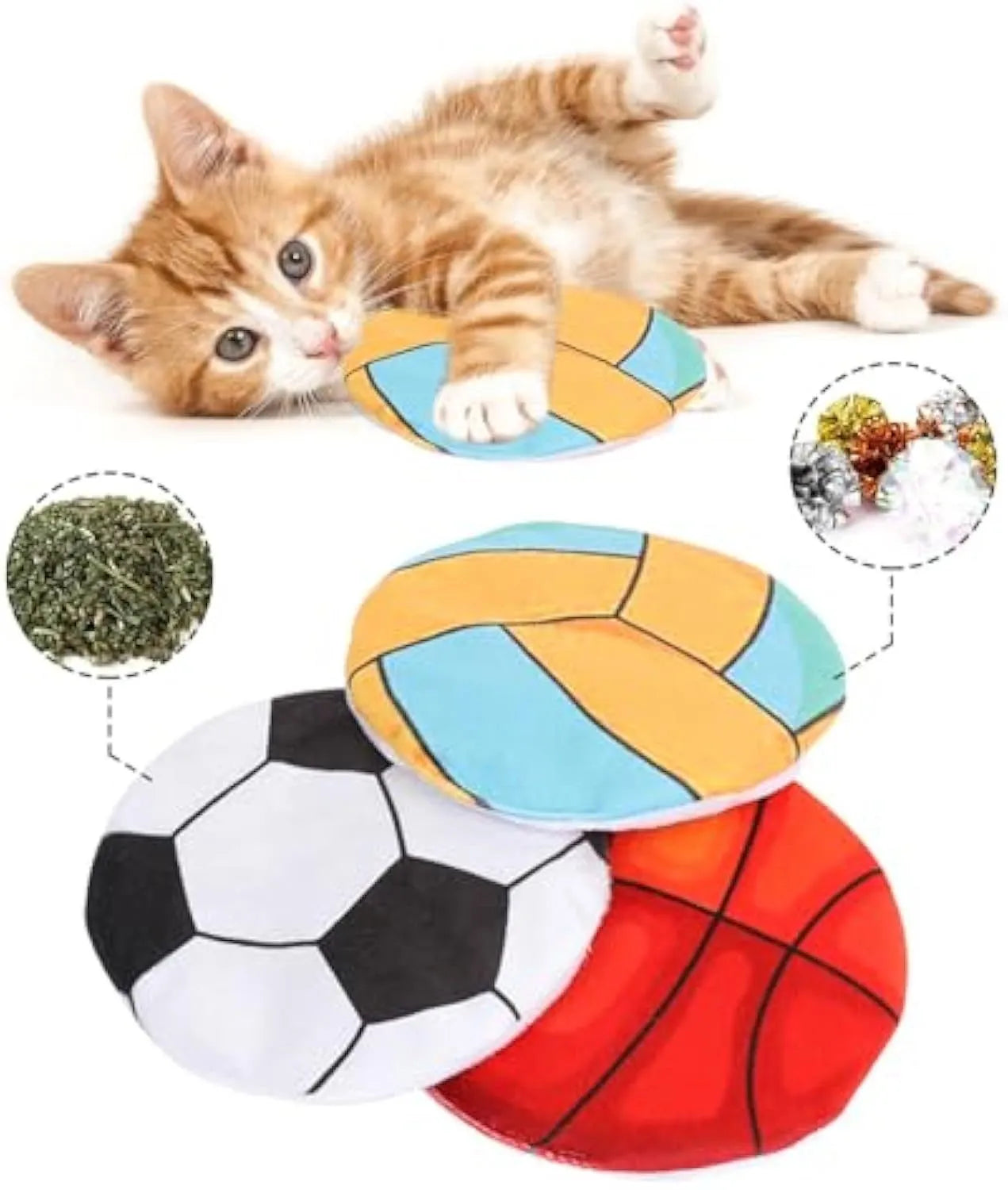 Square plush cat toy with sports ball pattern, featuring catnip and crinkle sound inside.