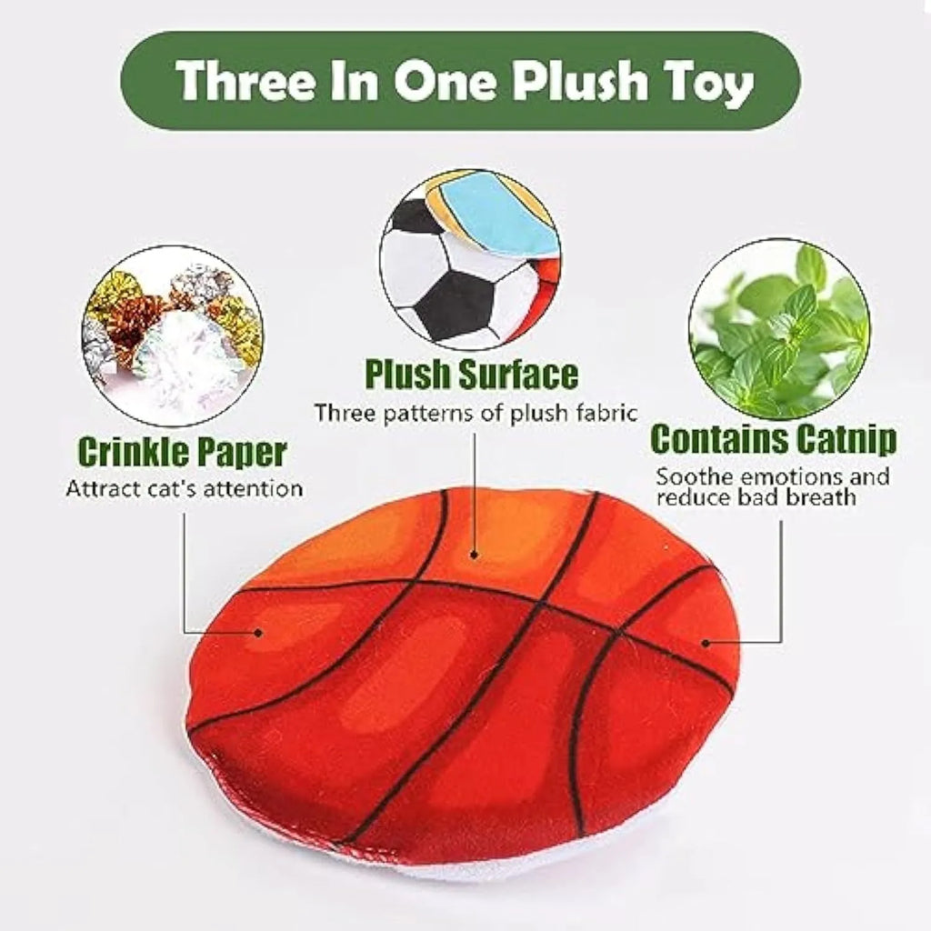 Square plush cat toy with sports ball pattern, featuring catnip and crinkle sound inside.