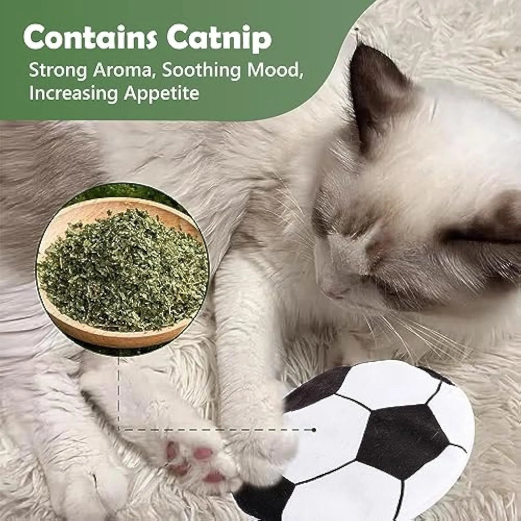 Square plush cat toy with sports ball pattern, featuring catnip and crinkle sound inside.