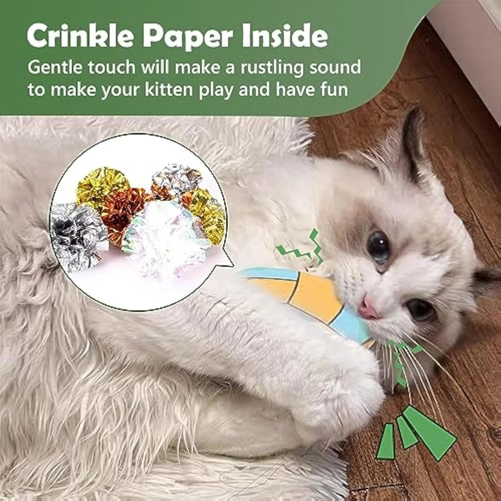 Square plush cat toy with sports ball pattern, featuring catnip and crinkle sound inside.