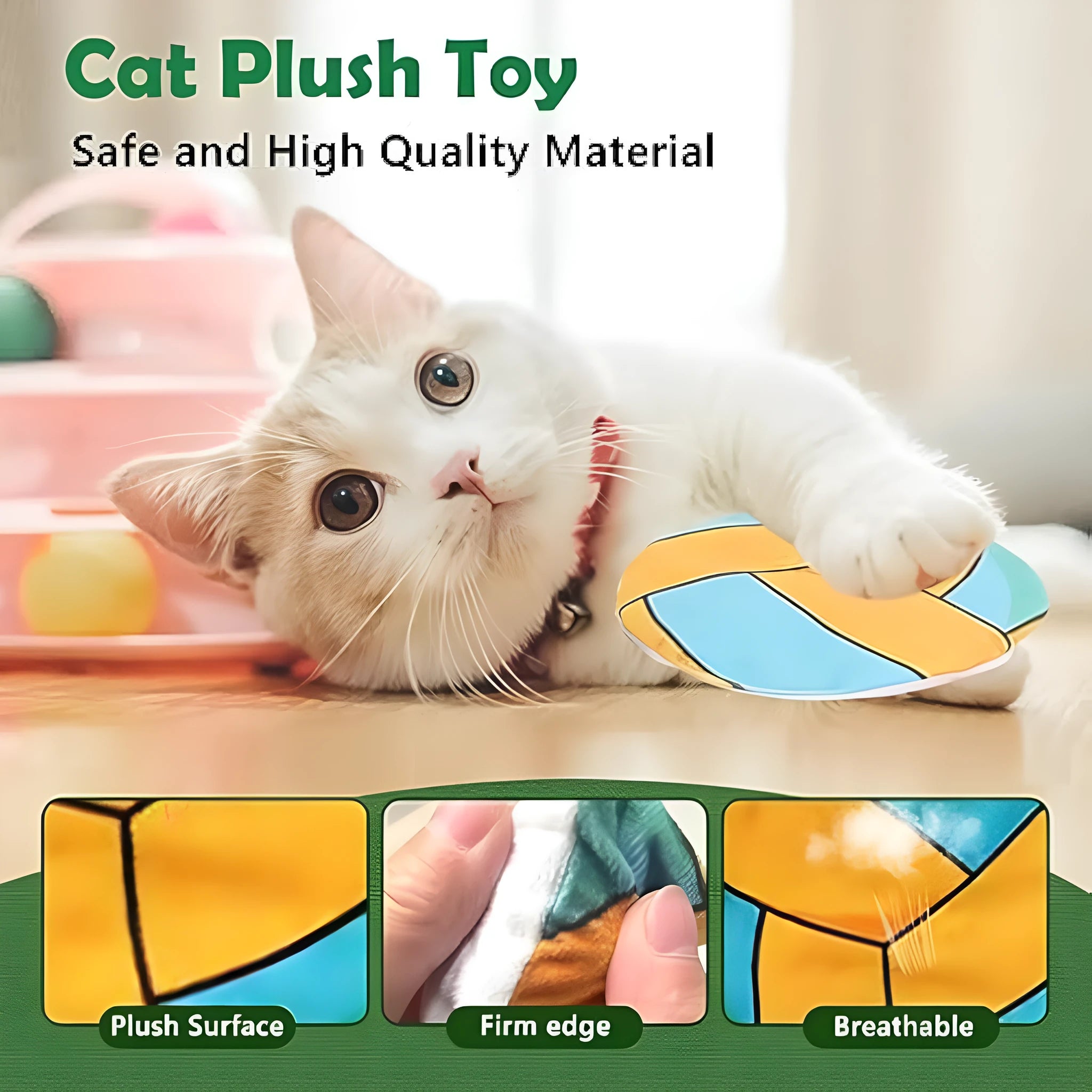 Square plush cat toy with sports ball pattern, featuring catnip and crinkle sound inside.
