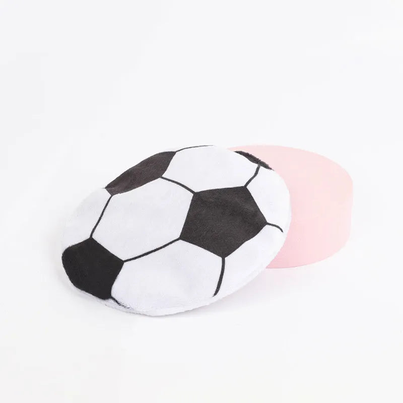 Square plush cat toy with sports ball pattern, featuring catnip and crinkle sound inside.