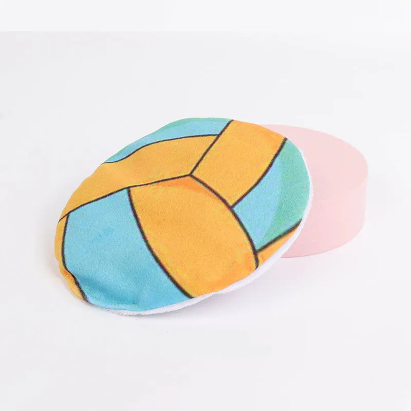 Square plush cat toy with sports ball pattern, featuring catnip and crinkle sound inside.