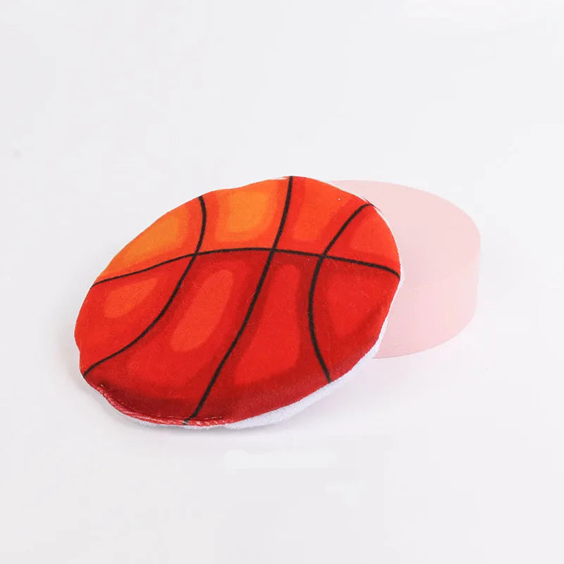 Square plush cat toy with sports ball pattern, featuring catnip and crinkle sound inside.