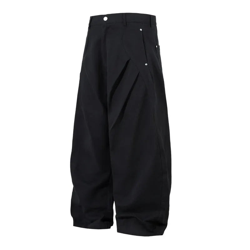 Men's black pleated casual trousers with wide-leg loose fit and mid waist design