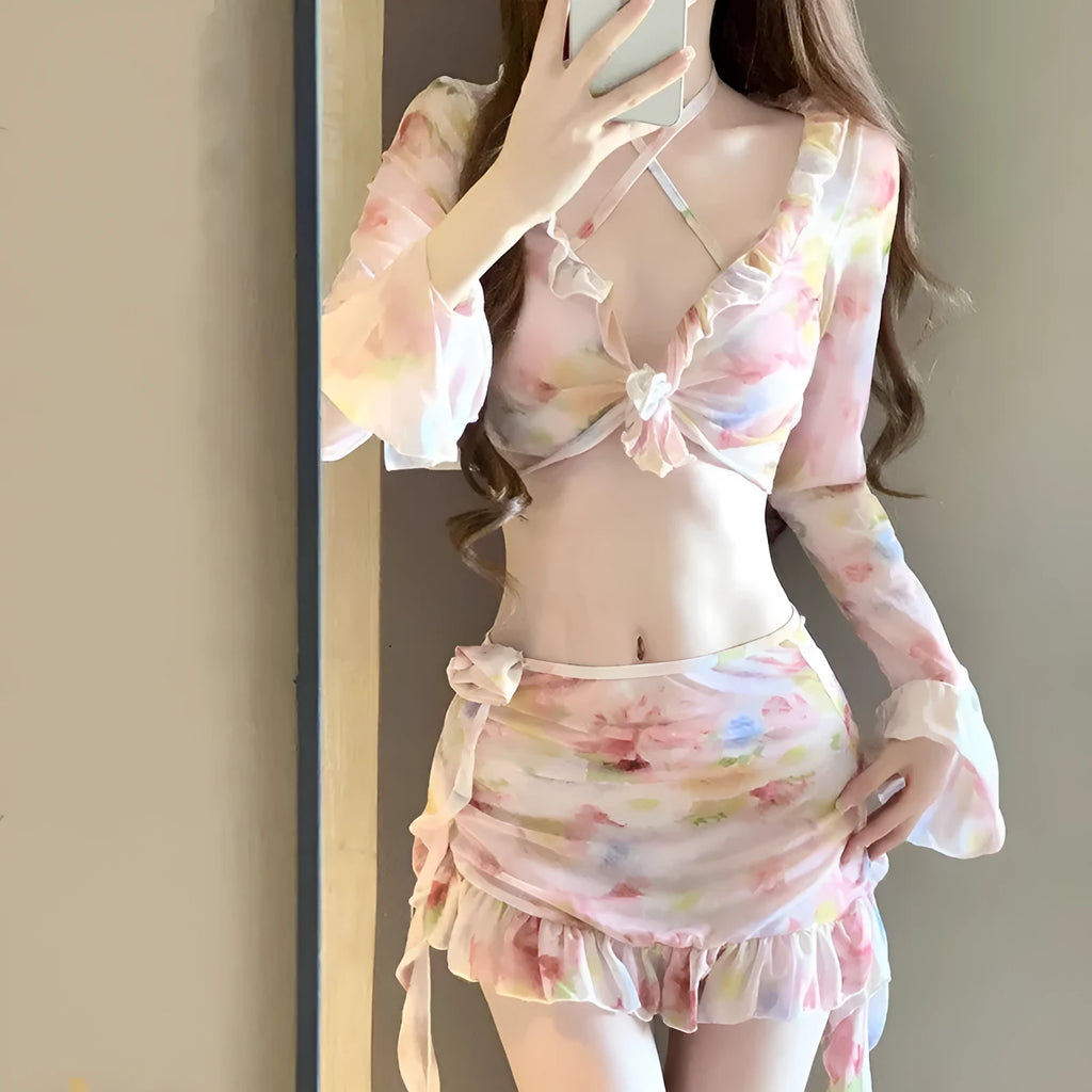 Women's floral bikini swimsuit in cherry blossom pink colour with polyester construction