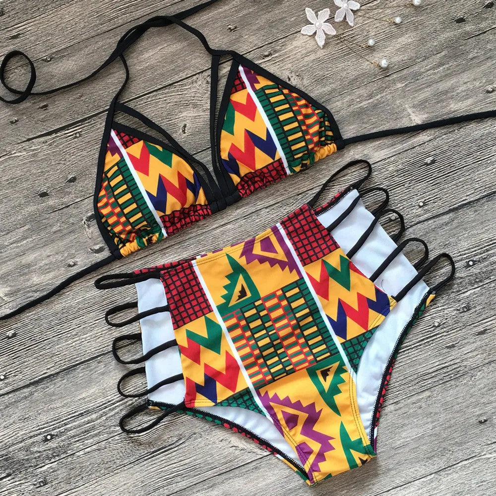 Women's high-waist digital print bikini set with backless top and quick-dry shorts for swimming.