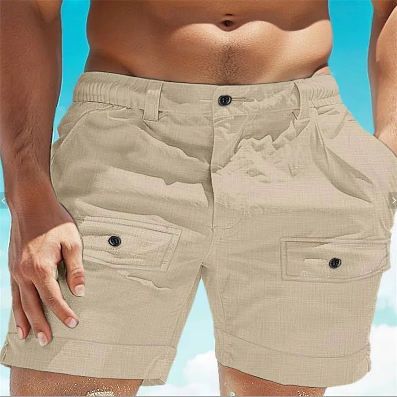 Men's khaki linen shorts with elastic waistband and button front pocket on a white background
