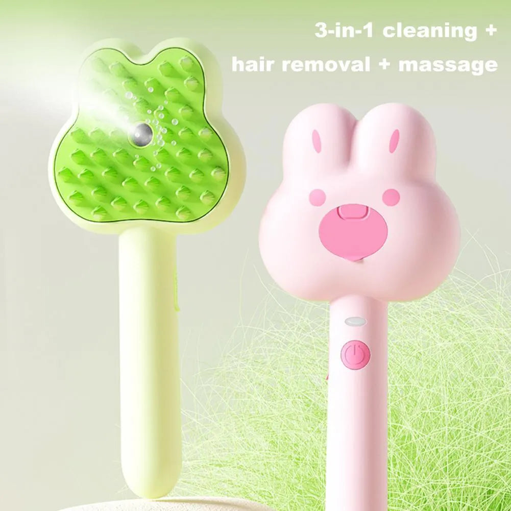 Rechargeable cat steam brush grooming tool in green colour with long handle