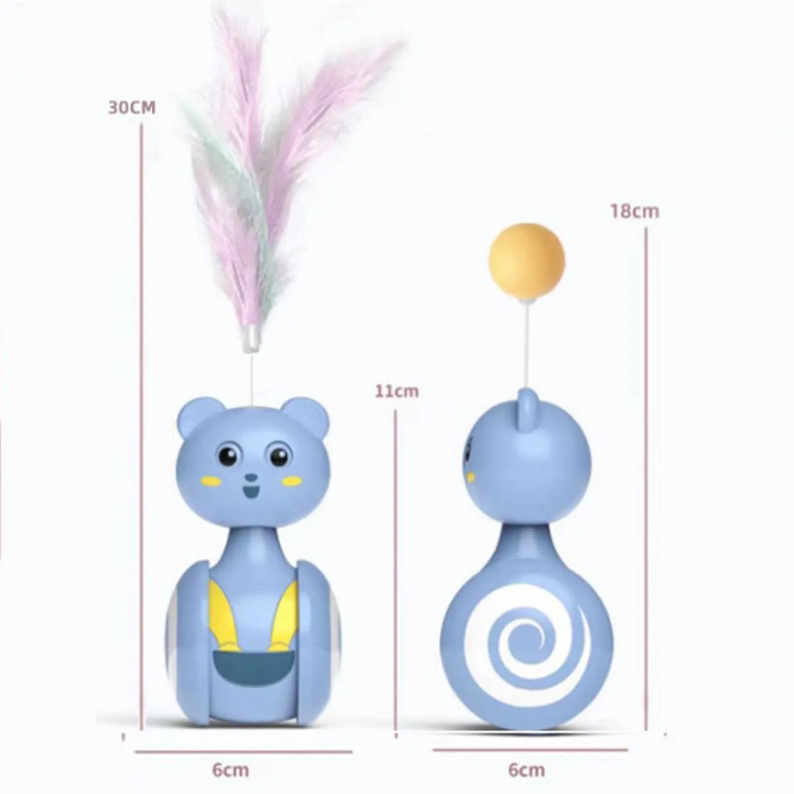 Cat interactive feather wand toy with rotating ball on plastic base in pink colour