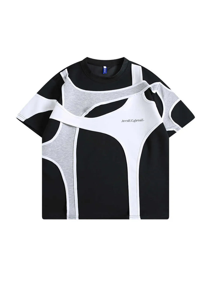 Men's black loose fit t-shirt with padded shoulder straps and double stitching detail
