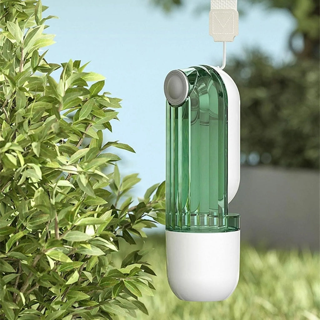 Beige foldable dog water bottle with food dispenser base shown extended and compressed