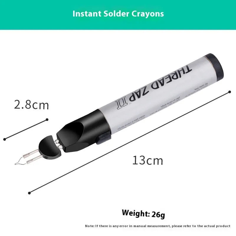 Instant Welding Crayon with plastic body and tungsten wire element, battery-powered tool for wire ends and wax repair