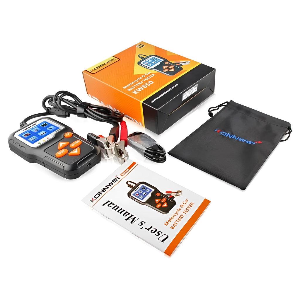 KONNWEI KW650 battery tester with LED indicators and display, testing a 12V car battery