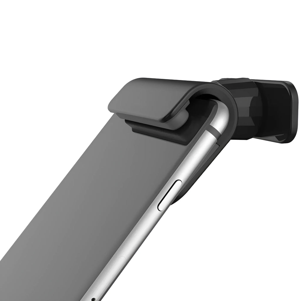 Black universal car phone holder with 360-degree rotation on car dashboard
