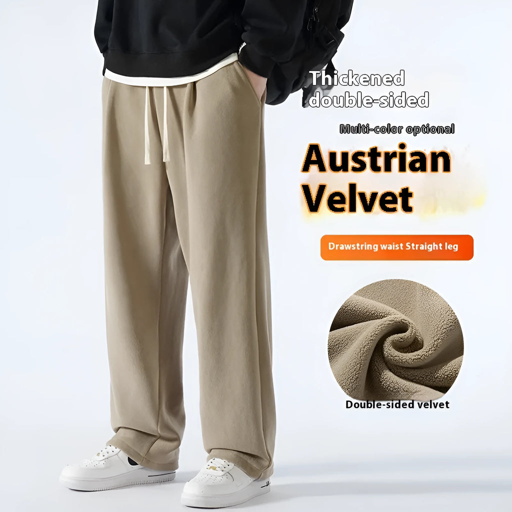 Men's double-sided polar fleece winter trousers with wool lining in loose fit Korean style