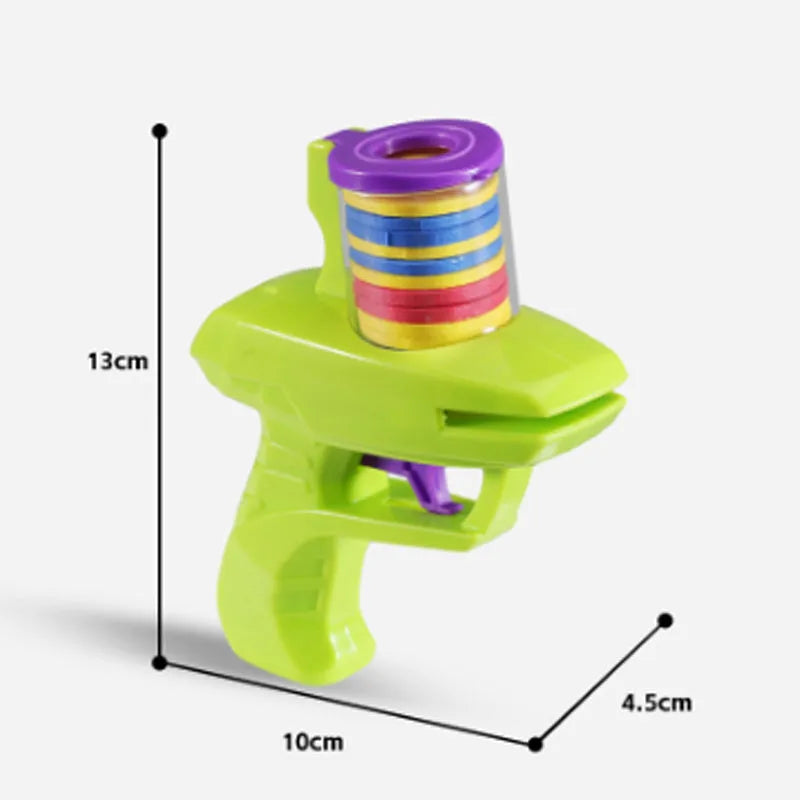 Green and purple durable plastic cat toy launcher with foam discs for battery-free interactive play