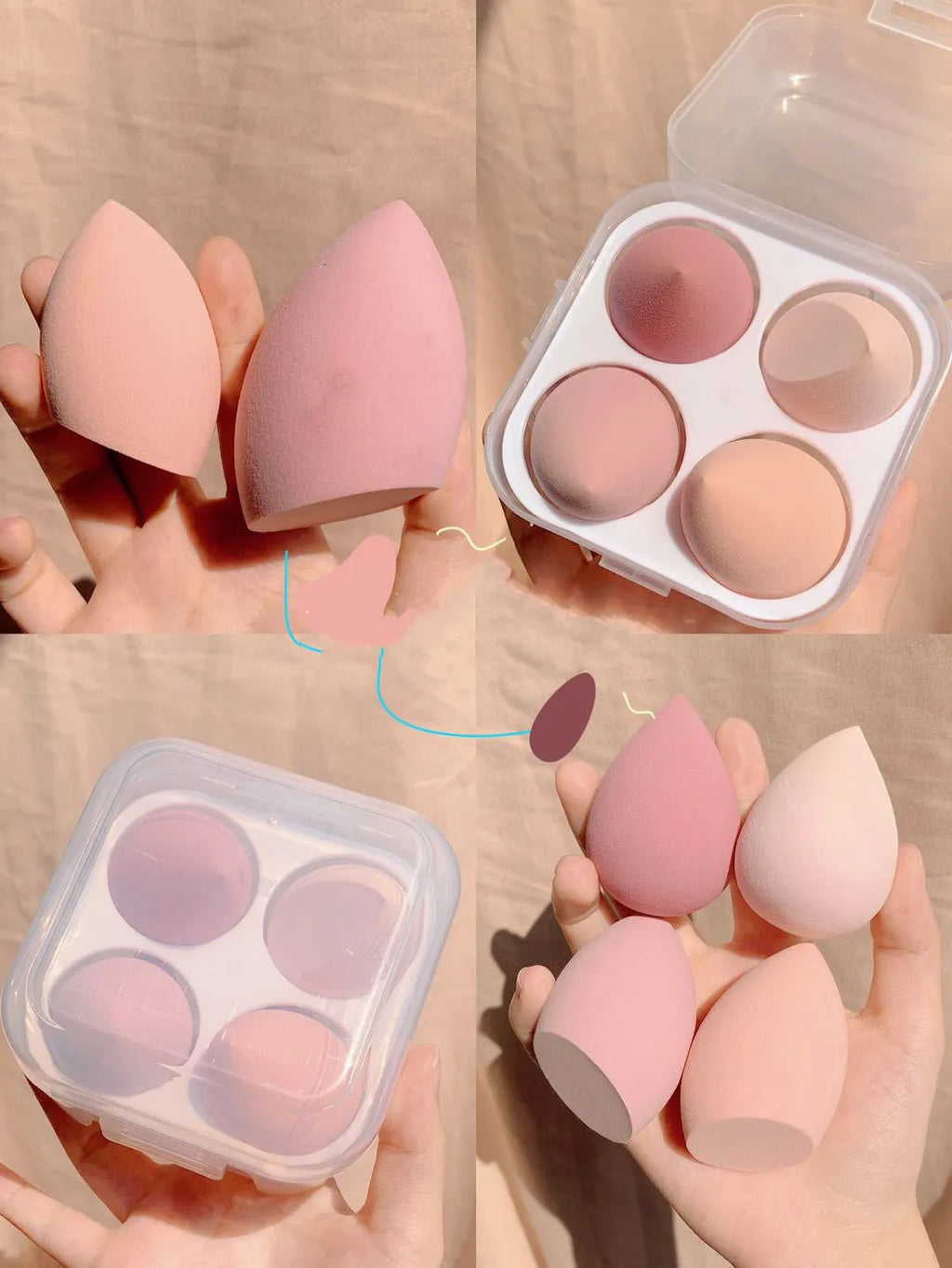 Makeup egg box with four synthetic sponge beauty eggs in different colours