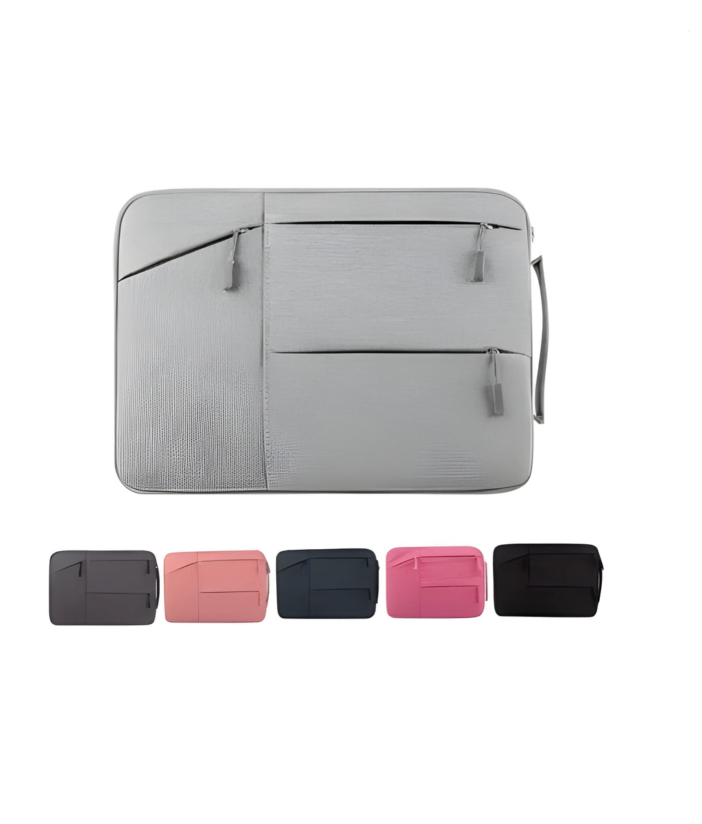 Laptop sleeve case with PE pearl cotton inner support, double zipper and side handle, compatible with MacBook and 15 inch laptops.