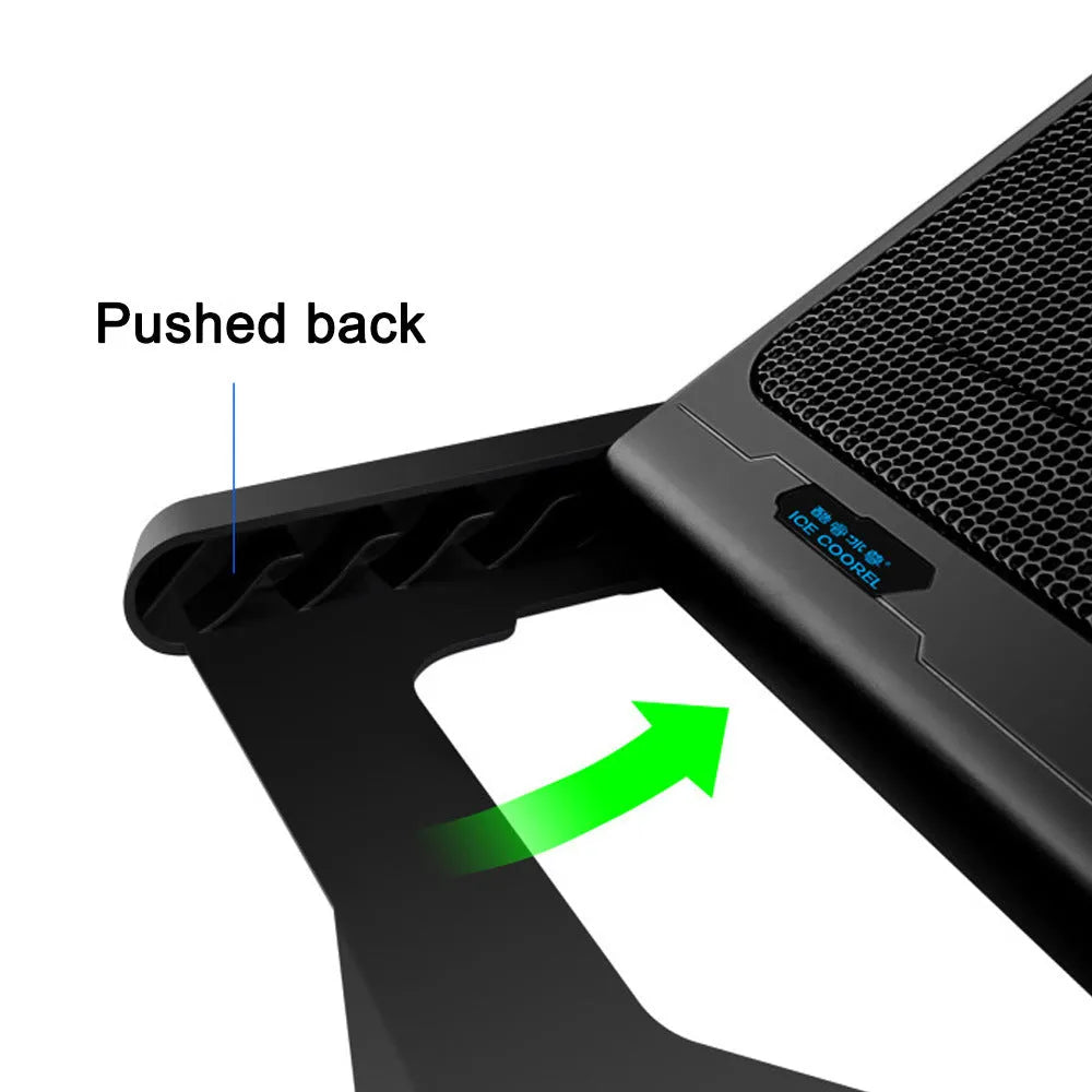 Laptop cooling board with metal mesh construction and LCD display showing speed controls