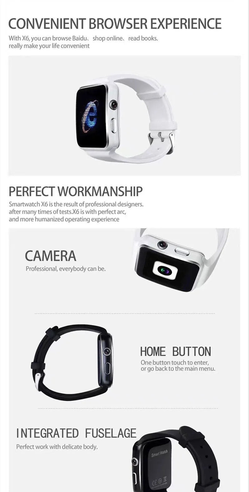Smart watch with 1.54 inch IPS display and silicone strap in black, gold or white