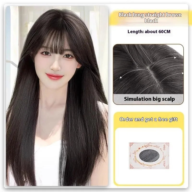 Forehead lace long straight wig with side bangs in high temperature fibre material