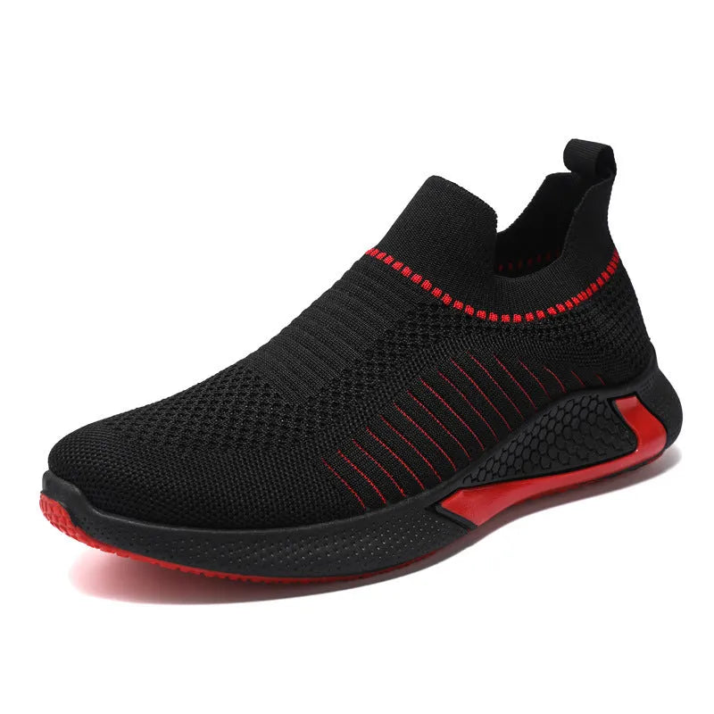 Men's striped mesh sock shoes with Flyknit upper and lace-up closure in black, white and black-white options