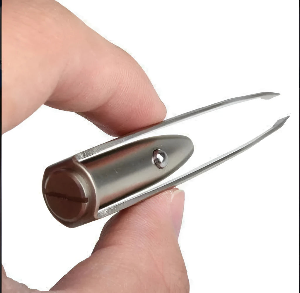 Stainless steel LED beauty tweezers with on/off button, shown with built-in light on.
