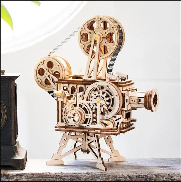 Wooden film projector 3D puzzle with hand crank and fully mechanical gear assembly
