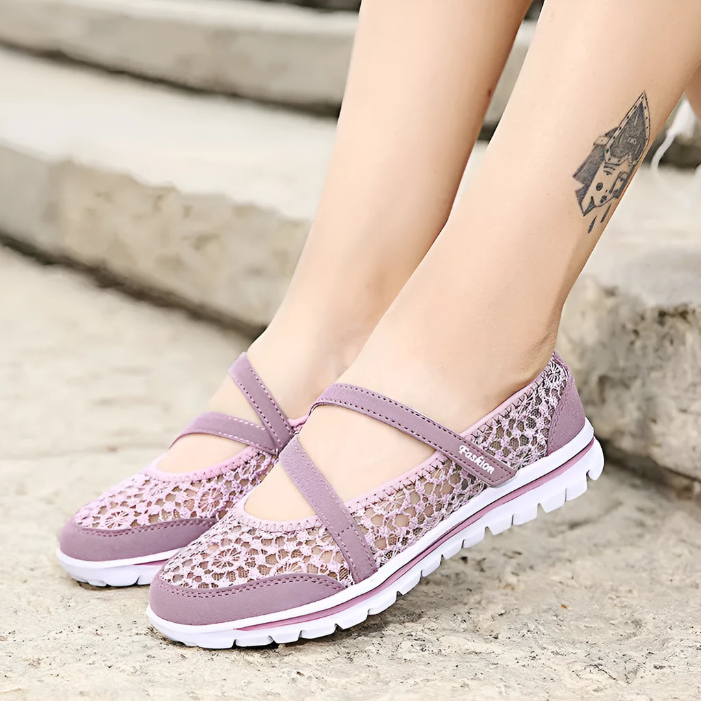 Women's beige mesh lace-up casual flat shoes with round toe and sewing line detail.