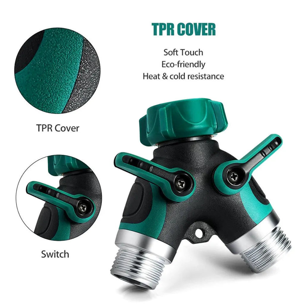 Green plastic Y type double-pass garden hose splitter with two outlets and brass-coloured inlet