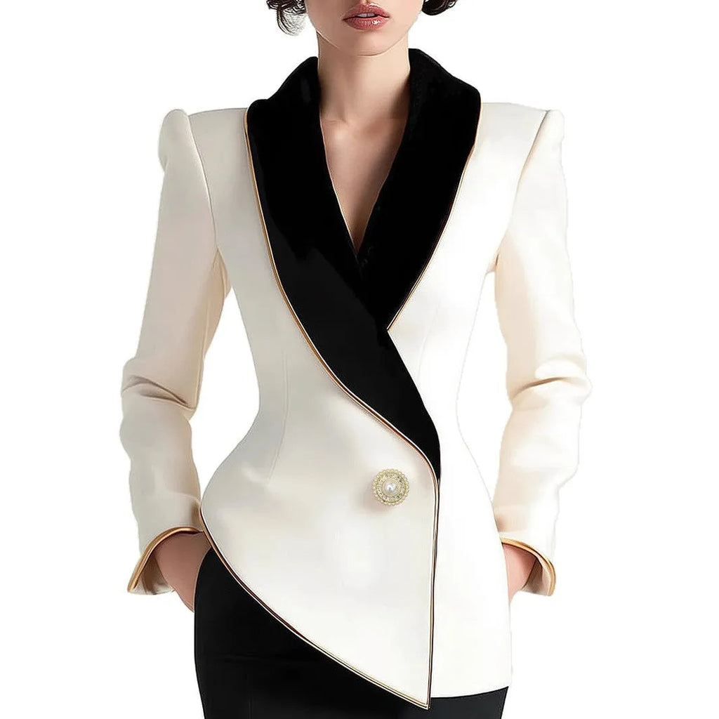 Women's irregular cut coat with golden-edged pearl buttons in milky white TR polyester fabric