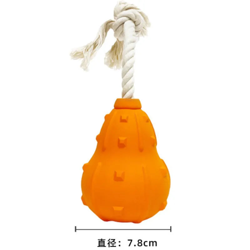Natural rubber stuffable dog toy for small medium breeds with longer strap for fetch and treat dispensing