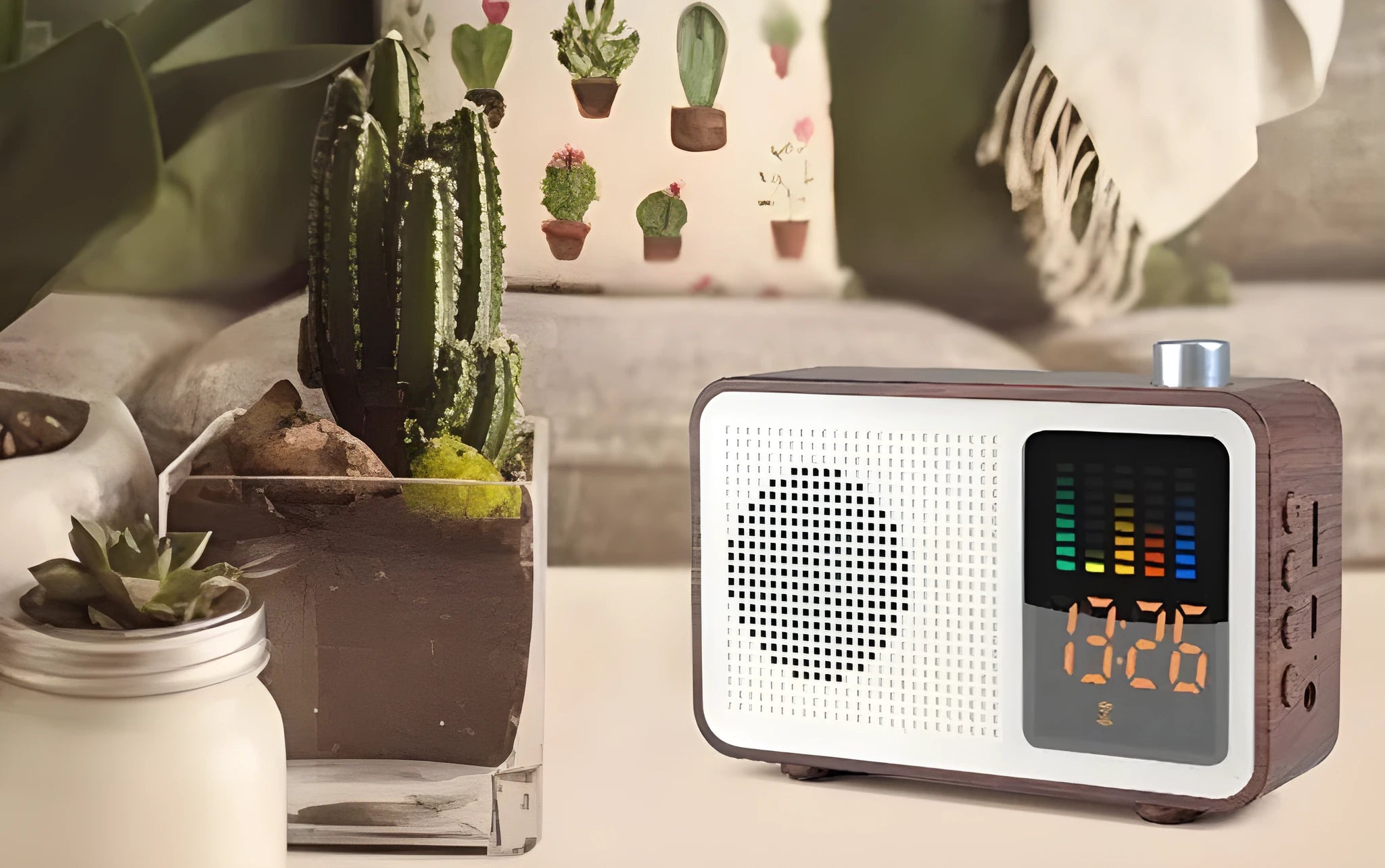 Brown wooden retro Bluetooth speaker with FM radio, LED display, and classic cabinet design.