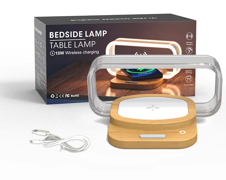 Wooden style acrylic wireless charger small night lamp on desk with USB cable