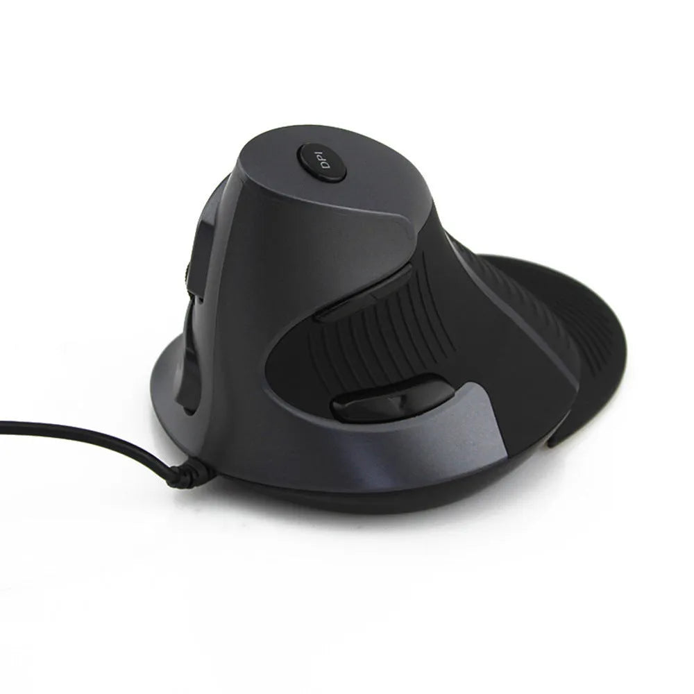Black wired vertical ergonomic mouse shown beside white version, both with right-hand orientation and USB cable