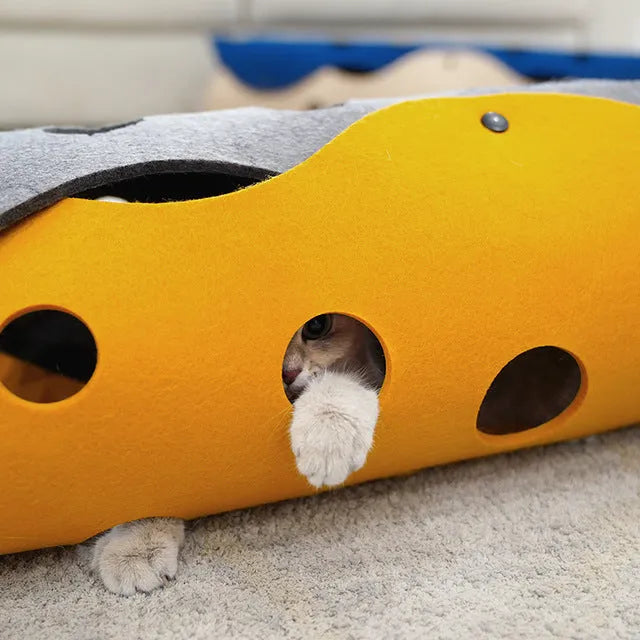 93cm felt cat tunnel in yellow, green, or blue with resin snap button and foldable cat channel shape