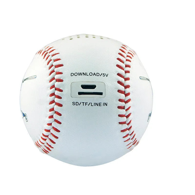 Baseball Home Bluetooth Speaker in white with orange stitching, compact wireless speaker with USB charging port