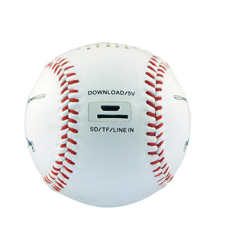 Baseball Home Bluetooth Speaker in white with orange stitching, compact wireless speaker with USB charging port