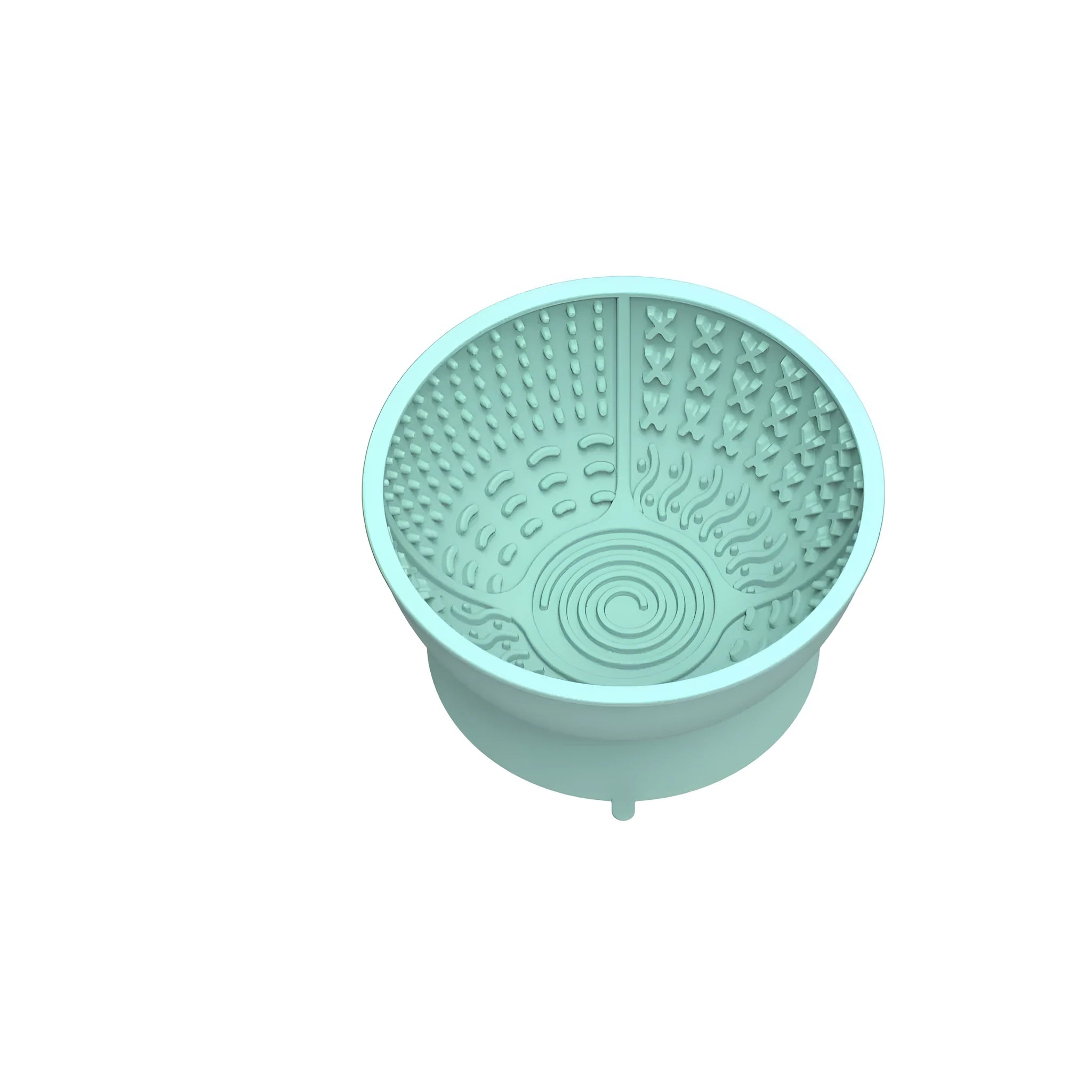 Cyan silicone pet licking mat slow feeder bowl with suction cup base on a floor
