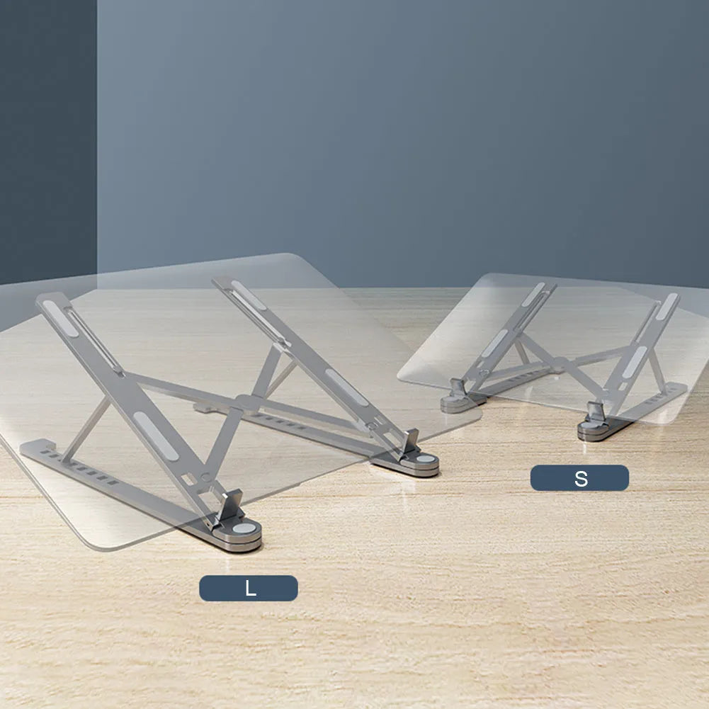 Silver aluminium folding laptop stand adjusted to medium height with a laptop in place.