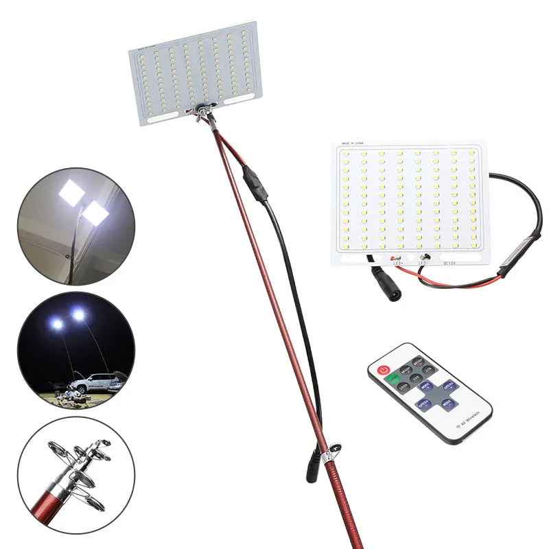 White LED fishing rod light on a telescopic pole with a remote control, dimensions 120 by 95 mm.
