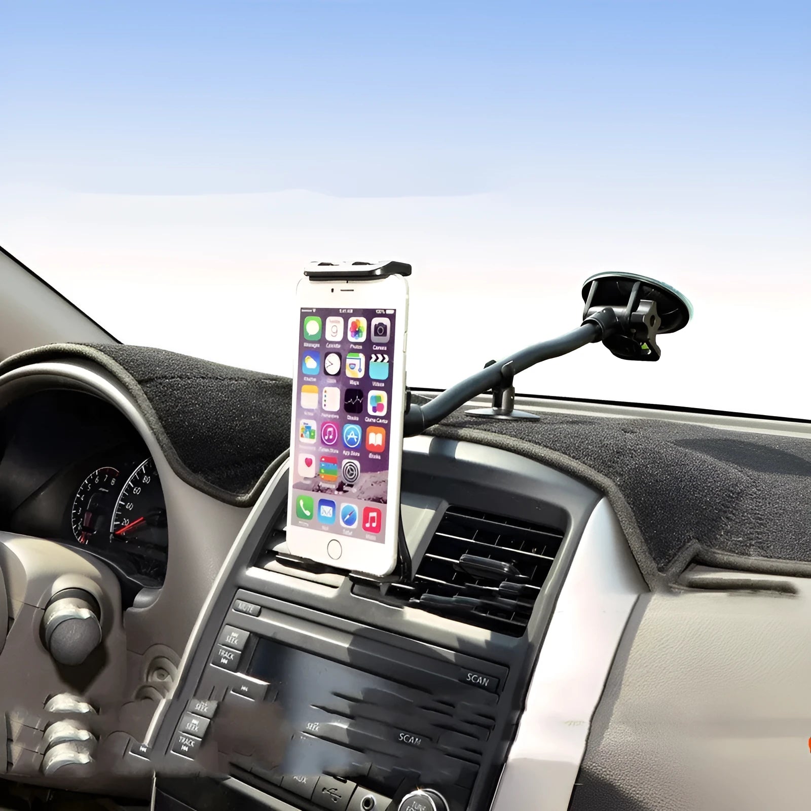 Black universal vehicle-mounted tablet holder with long-rod suction cup for 4-12 inch devices.