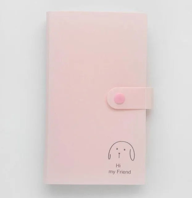 Blue PVC and PP business card holder book with protective shell and smile logo, showing insert pocket.