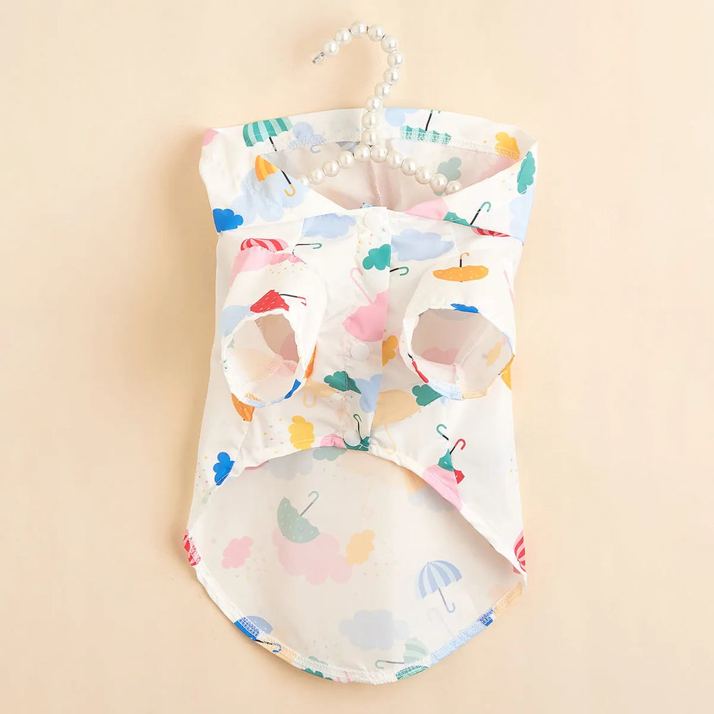 Cartoon umbrella pattern colourful pet raincoat for dogs and cats in polyester with reflective details.
