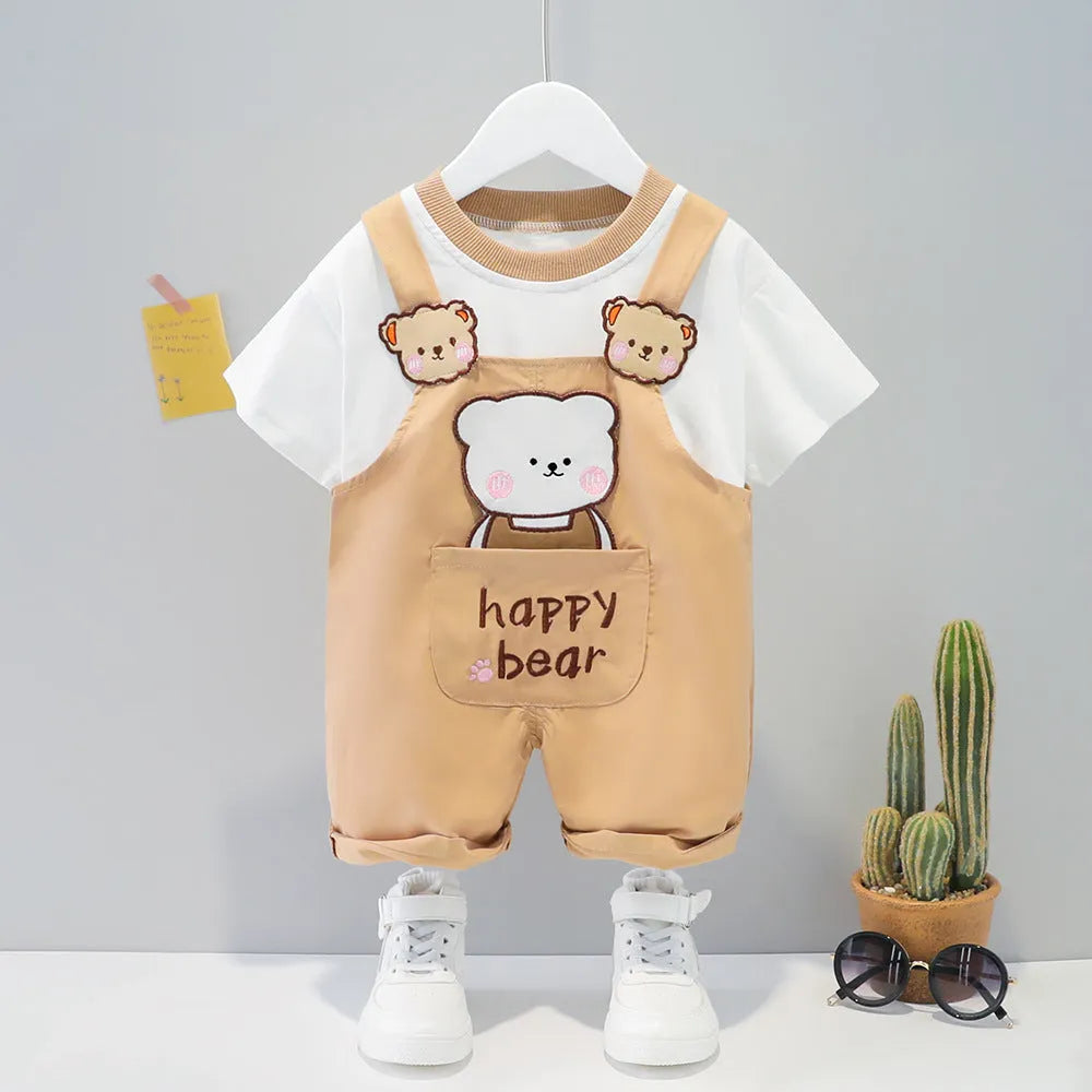 Cotton baby overalls with cartoon patterns in yellow, pink, and khaki colours