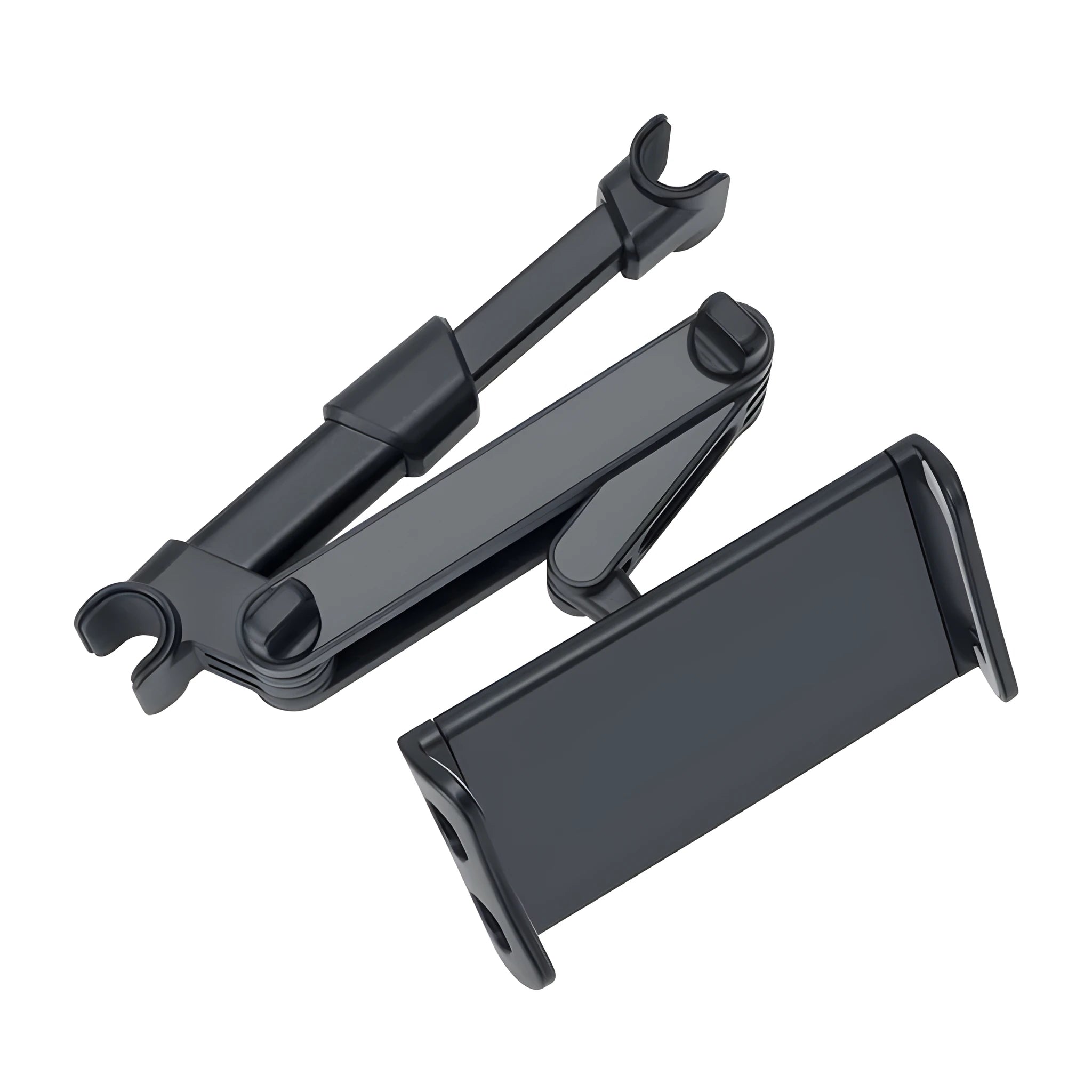 Black universal car phone holder mounted on vehicle rear seat base holding tablet
