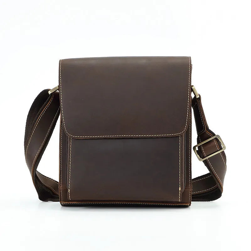 Men's first-layer cowhide leather single-shoulder crossbody bag in Brown 209 with solid colour finish